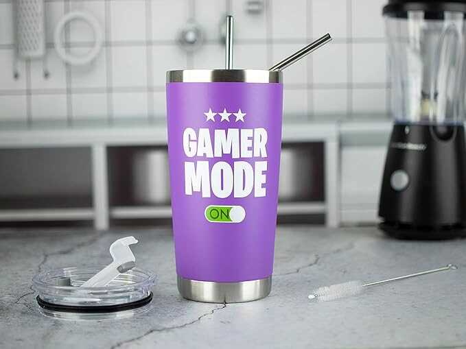 JENVIO Gamer Gifts for Men - Gamer Mode ON - Stainless Steel Tumbler for Coffee/Cold Drinks w Lid and 2 Straws | Gift Idea Gamer Cup - Video Gamer Mug Boys Valentine's Day Gift (20 Ounce Purple)