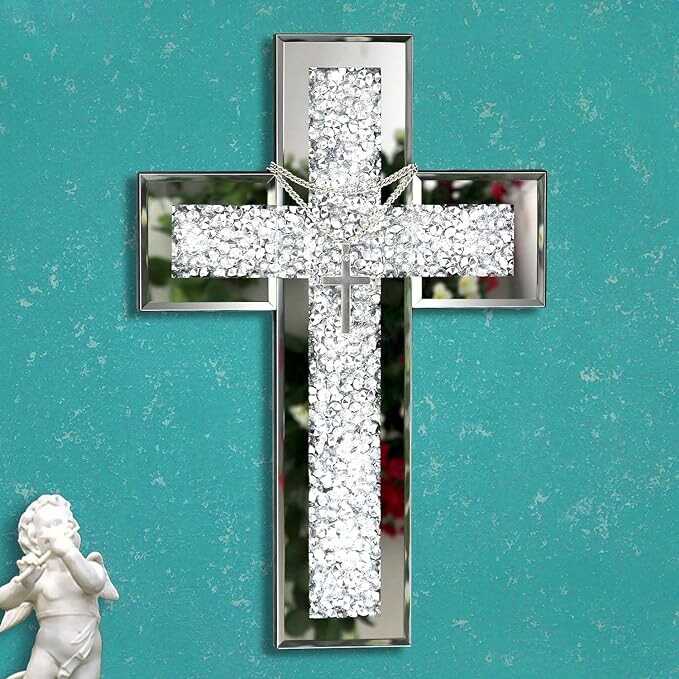 GIMORRTO Mirrored Cross Wall Decor - Crushed Diamond-Embedded Glass Mirror 15x10 inch