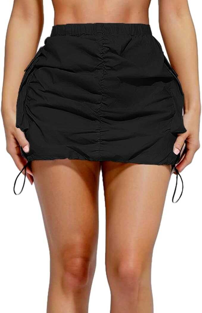 Womens Cargo Skirt Y2K - Casual Summer High Waisted Bodycon Pencil Ruched Mini Skirts Side Drawstring and Pockets