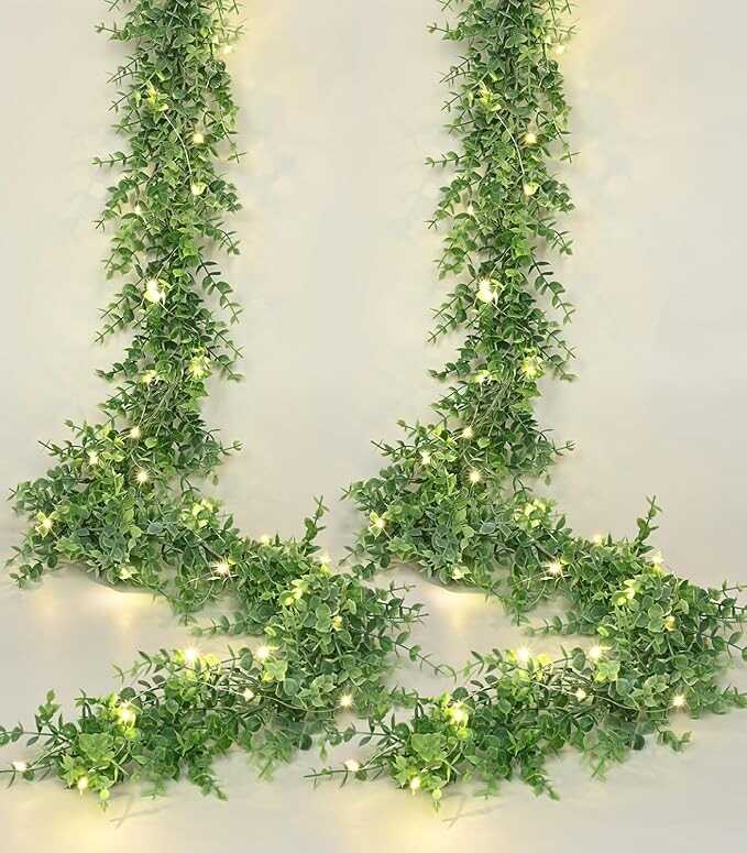 MARTINE MALL Eucalyptus Garland with Lights, 2 Pack 12FT Artificial Greenery Garland Eucalyptus Vines, Hanging Eucalyptus Garlands for Wall Table Arch Wedding Backdrop Party Home Decor (Grey Green)