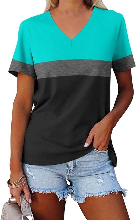 ORANDESIGNE Women's Color Block Short Sleeve T Shirts Casual V Neck Summer Tops Tees Loose Fit Blouses