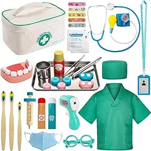 Juboury Doctor Kit for Kids 34Pcs Toy Medical Kit with Stain Steel Stethoscope, Flashlight, Tray, Iodine Cup, Wooden Accessories, Dress Up Costume and Doctor Bag for Kids, Girls, Boys, Toddlers