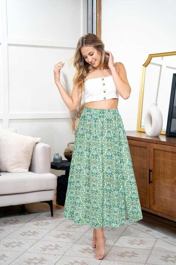 Kate Kasin Women's 2024 Boho Floral Maxi Skirt Elastic High Waisted Casual A Line Slit Long Swing Flowy Skirts with Pockets