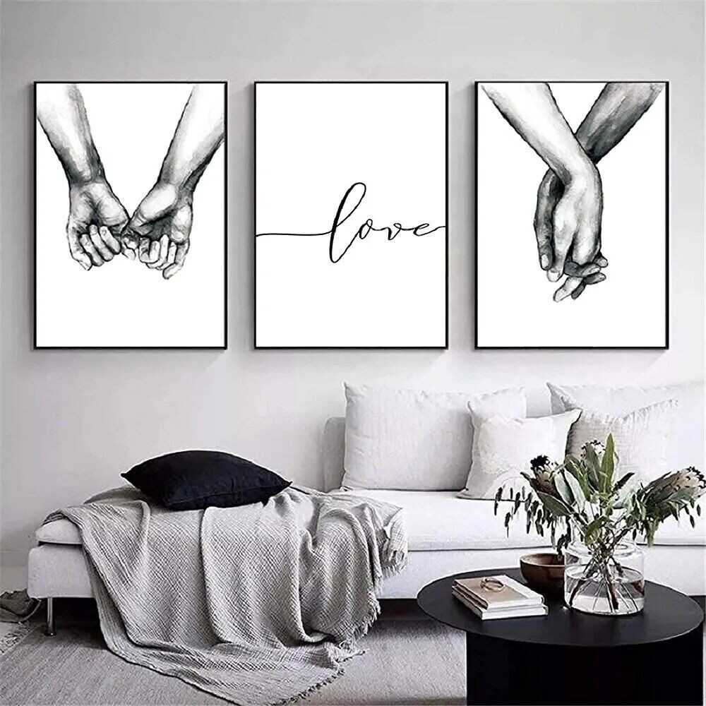 Love and Hand in Hand Wall Art Canvas Print Poster Black and White Sketch Art...