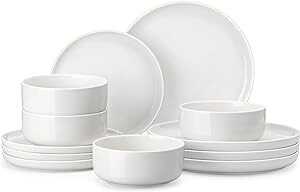 MALACASA Plates and Bowls Sets, 12 Pieces Porcelain Dinnerware Sets Dishware Sets Chip Resistant Ceramic Dish Set Dining Dinner Ware Service for 4, White, Series LUNA