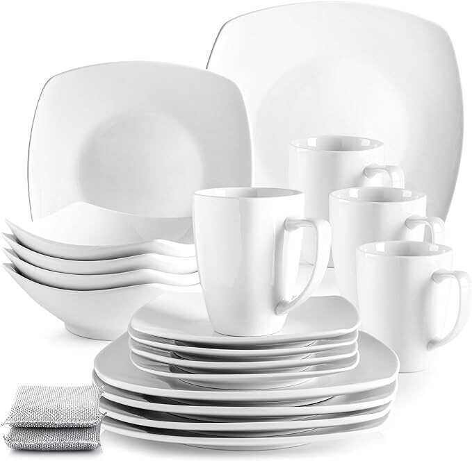 Zulay 16-Piece Dinnerware Set for 4 - Premium Quality Porcelain Dishes Set - Dishwasher Safe, Microwave Safe Plates and Bowls Set - Service of 4 White Dinner Plates - Includes 2 Silver Sponges