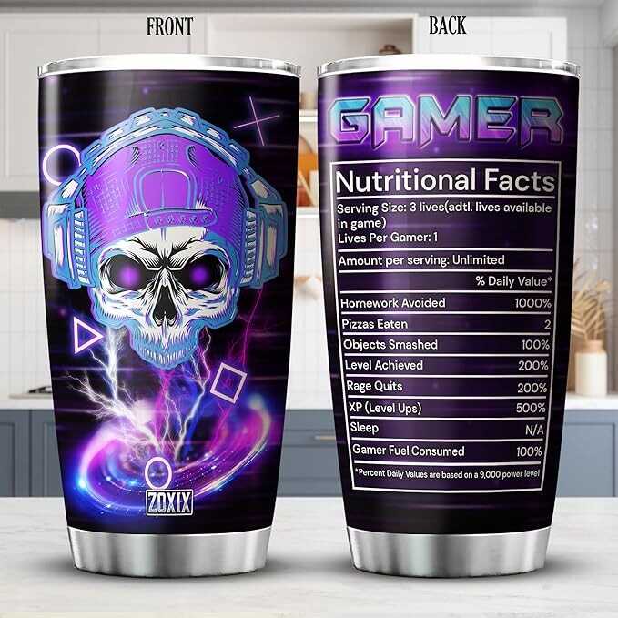ZOXIX Gamer Coffee Tumbler Nutritional Facts Stainless Steel Mug With Lid 20oz Insulated Cup Vacuum Novelty Game Lovers Gifts Skull Mugs For Gamers Gaming Tumblers For Boys