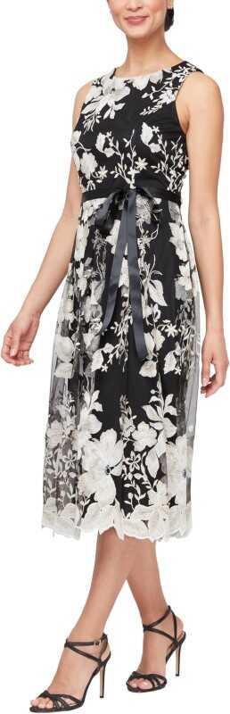 Alex Evenings Women's Sleeveless Midi Dress with Elegant Embroidery, Full Skirt and Tie Belt (Petite and Regular Sizes)