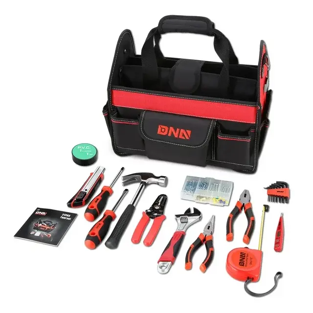 DNA Motoring TOOLS-00207 Red 21 PCs Portable Tool Kit Household General Repair Combination Pliers Adjustable Wrench Set Hand Tool Canvas Bag