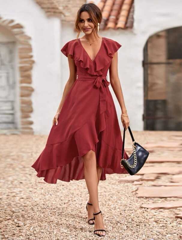 Solid Ruffle Trim Belted Wrap Dress