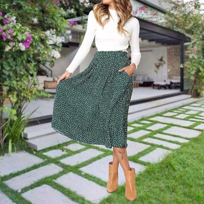 EXLURA Womens High Waist Polka Dot Pleated Skirt Midi Swing Skirt with Pockets