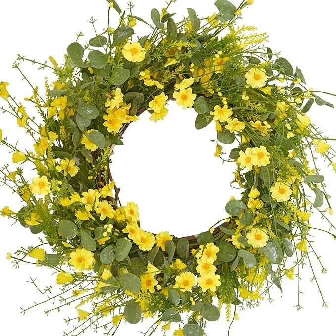 LVLFOR 24In Artificial Yellow Daisy Wreath, Spring Wreath with Green Eucalyptus Leaves, Yellow Flowers with Grapevine Wreath, Silk Floral Spring Summer Wreaths for Front Door Window Wall Porch Decor