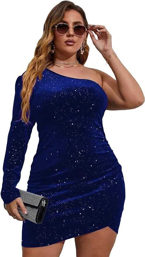 SOLY HUX Women's Plus Size One Shoulder Long Sleeve Ruched Wrap Velvet Bodycon Dress