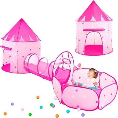 PigPigPen 3pc Kids Play Tent for Girls with Ball Pit, Crawl Tunnel, Princess Ten