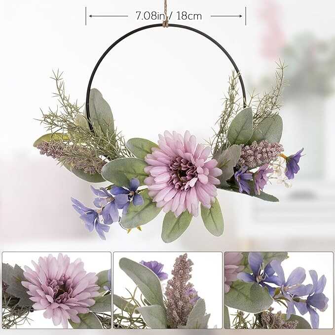 Weldomcor Artificial Floral Wreath for Front Door Floral Hoop Wreath Decor with Purple Flowers Green Leaves Garland Spring Wall Window Home Hanging Decorations Visit the Weldomcor Store